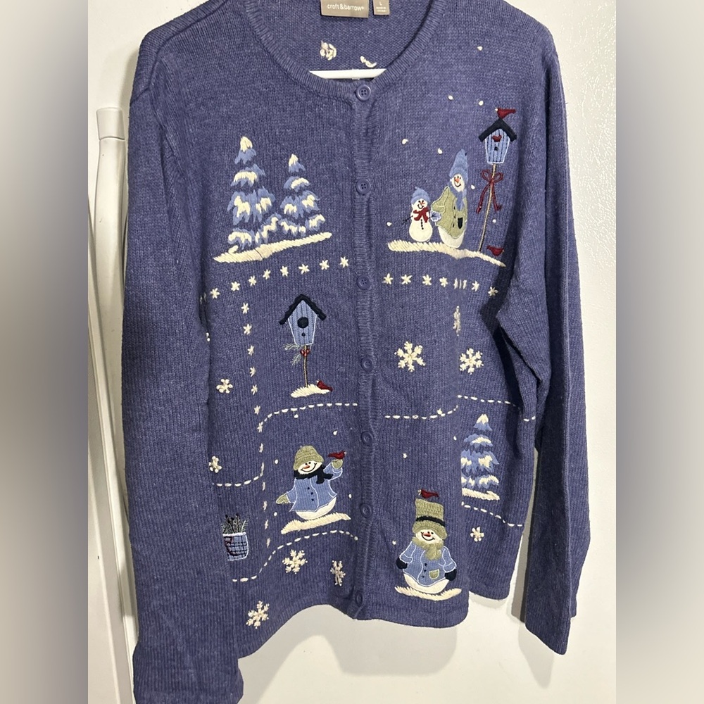 Croft & Barrow Christmas Sweater Snowman Periwinkle  Cabincore L